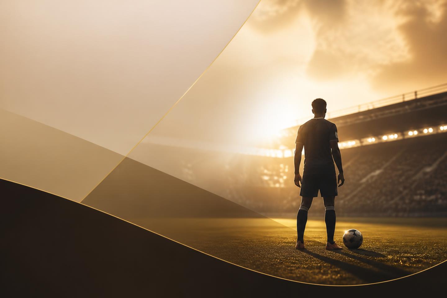 Professional football player on a stadium pitch at golden hour